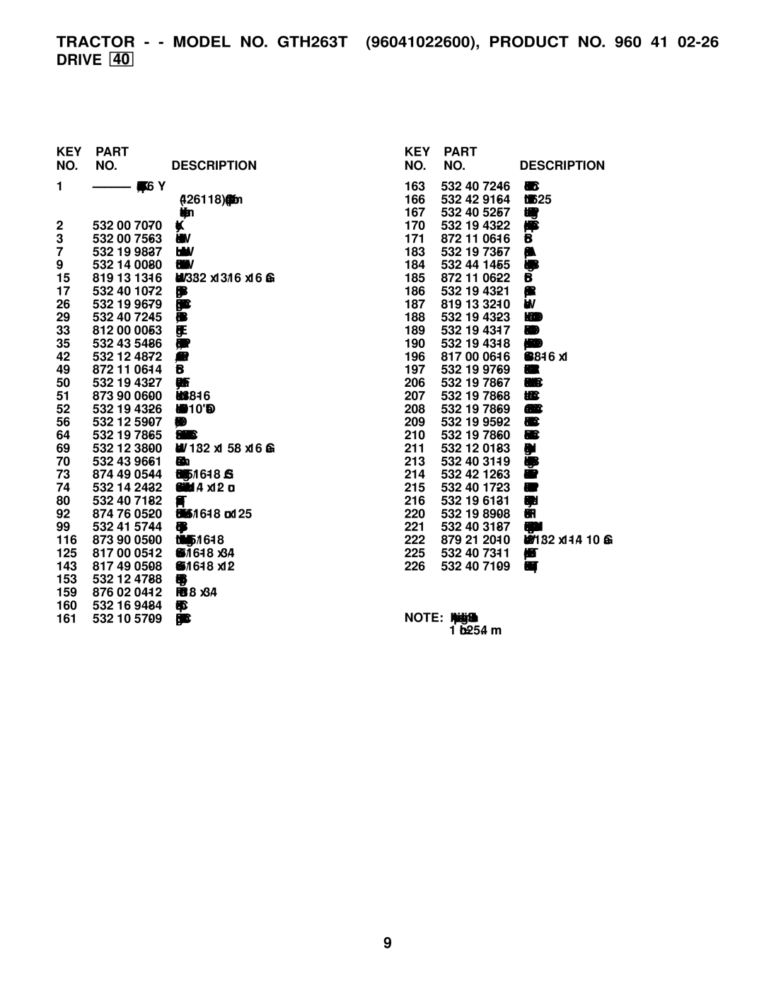 Husqvarna GTH263 T manual KEY Part NO. NO. Description 