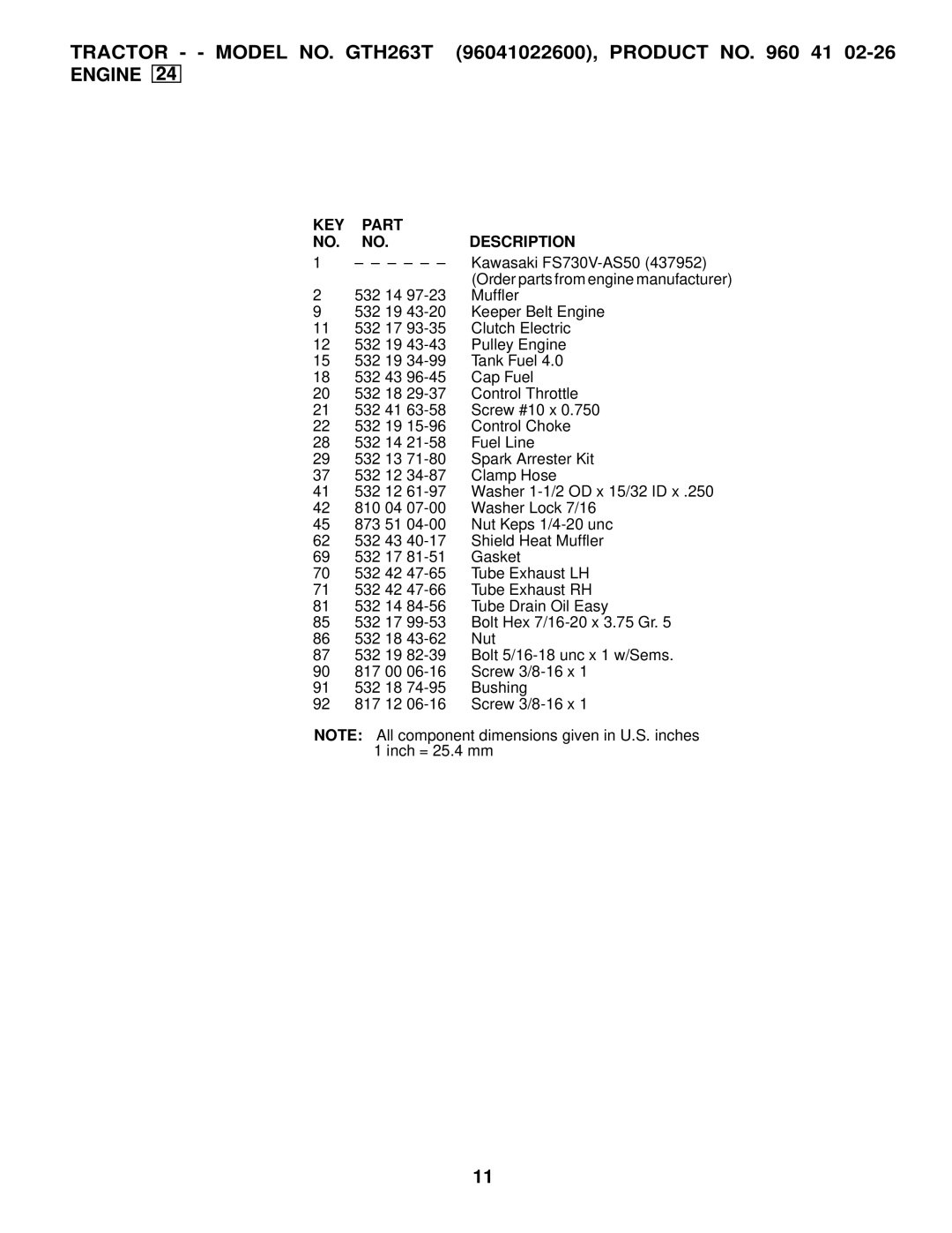 Husqvarna GTH263 T manual KEY Part Description 