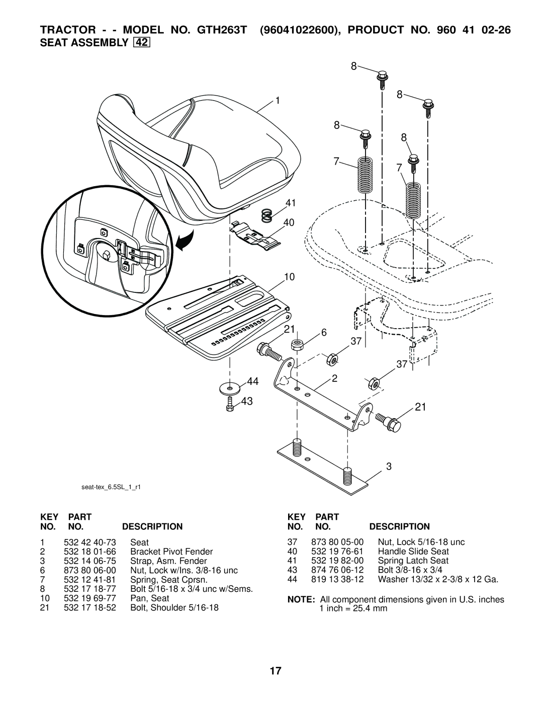 Husqvarna GTH263 T manual Seat Assembly 