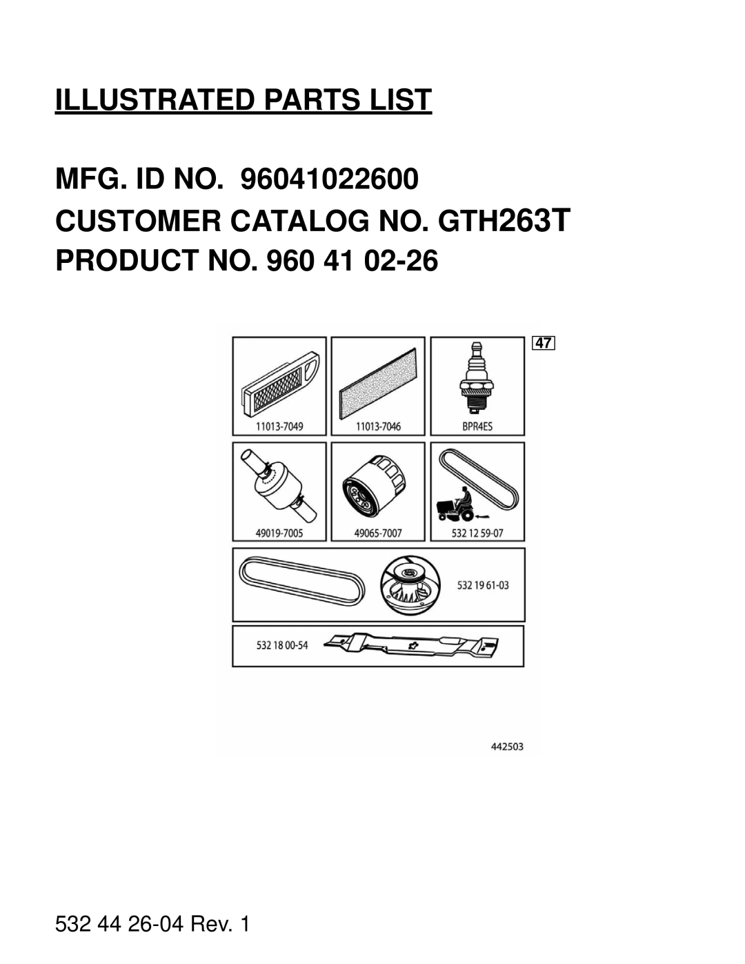 Husqvarna GTH263 T manual Illustrated Parts List 