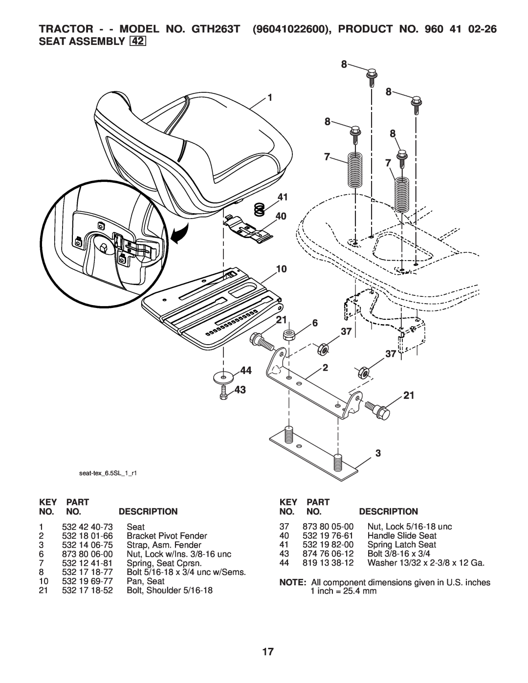 Husqvarna GTH263 T manual Seat Assembly, TRACTOR - - MODEL NO. GTH263T 96041022600, PRODUCT NO, Part, Description 