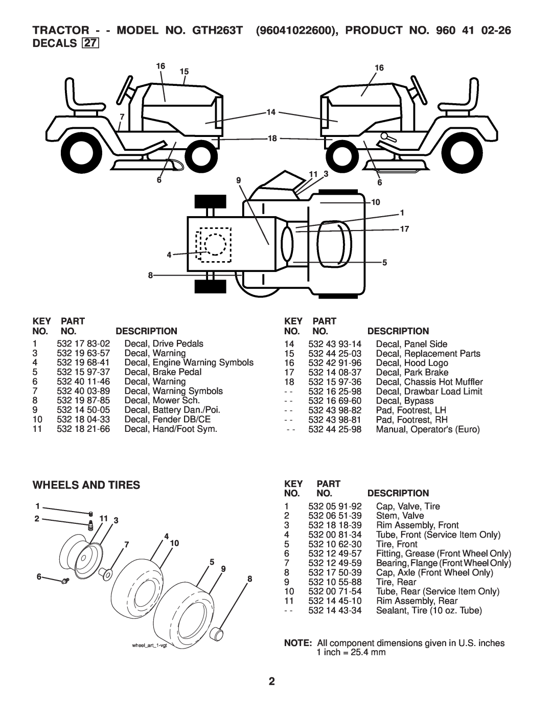 Husqvarna GTH263 T TRACTOR - - MODEL NO. GTH263T DECALS, 96041022600, PRODUCT NO, Wheels And Tires, Part, Description 