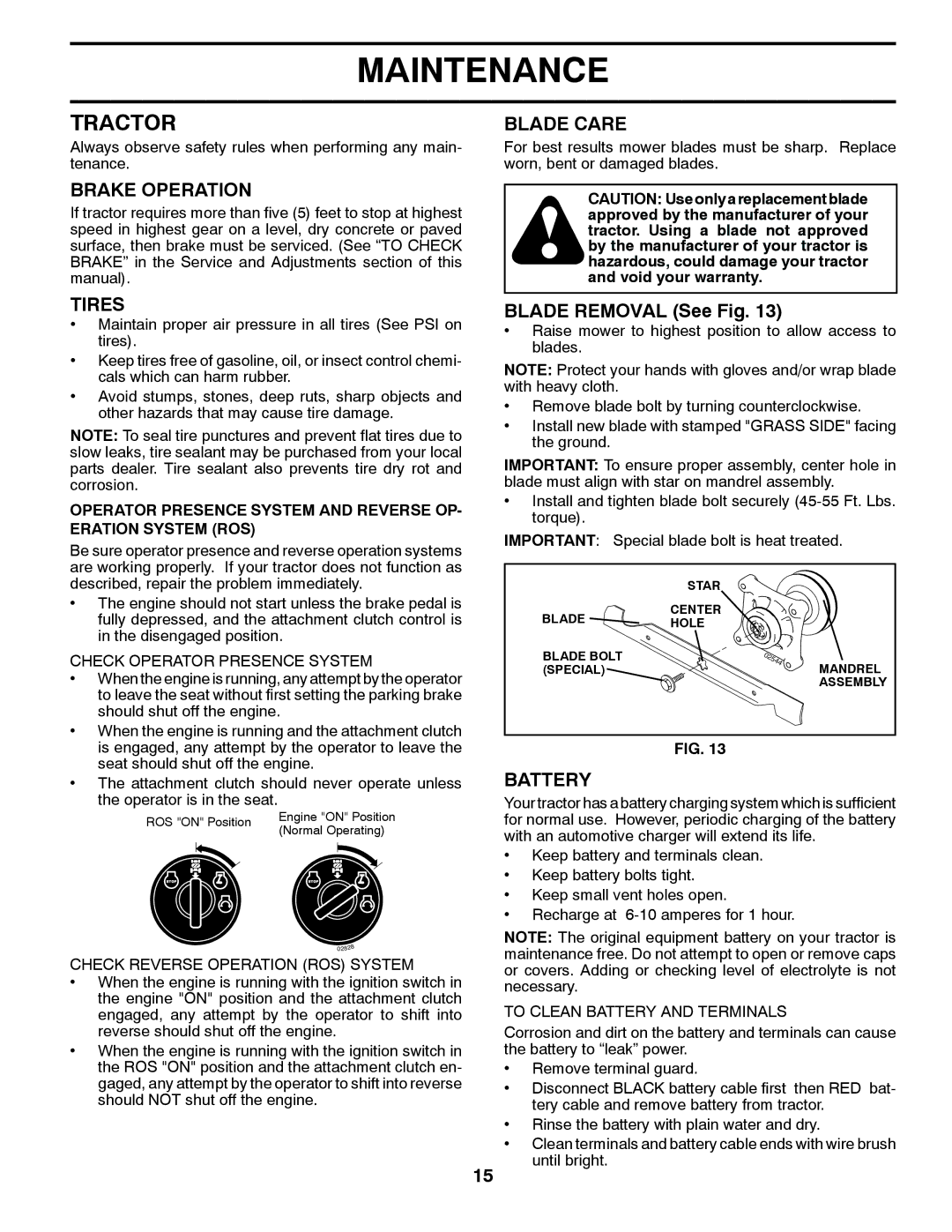 Husqvarna GTH2648 owner manual Tractor, Blade Care, Brake Operation, Tires, Battery 