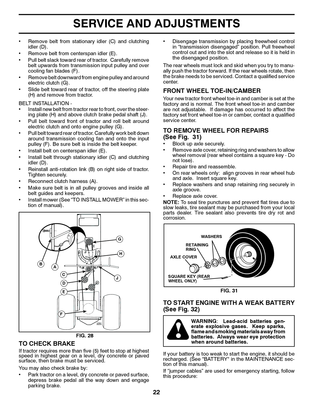 Husqvarna GTH2648 Front Wheel TOE-IN/CAMBER, To Remove Wheel for Repairs See Fig, To Check Brake, Belt Installation 