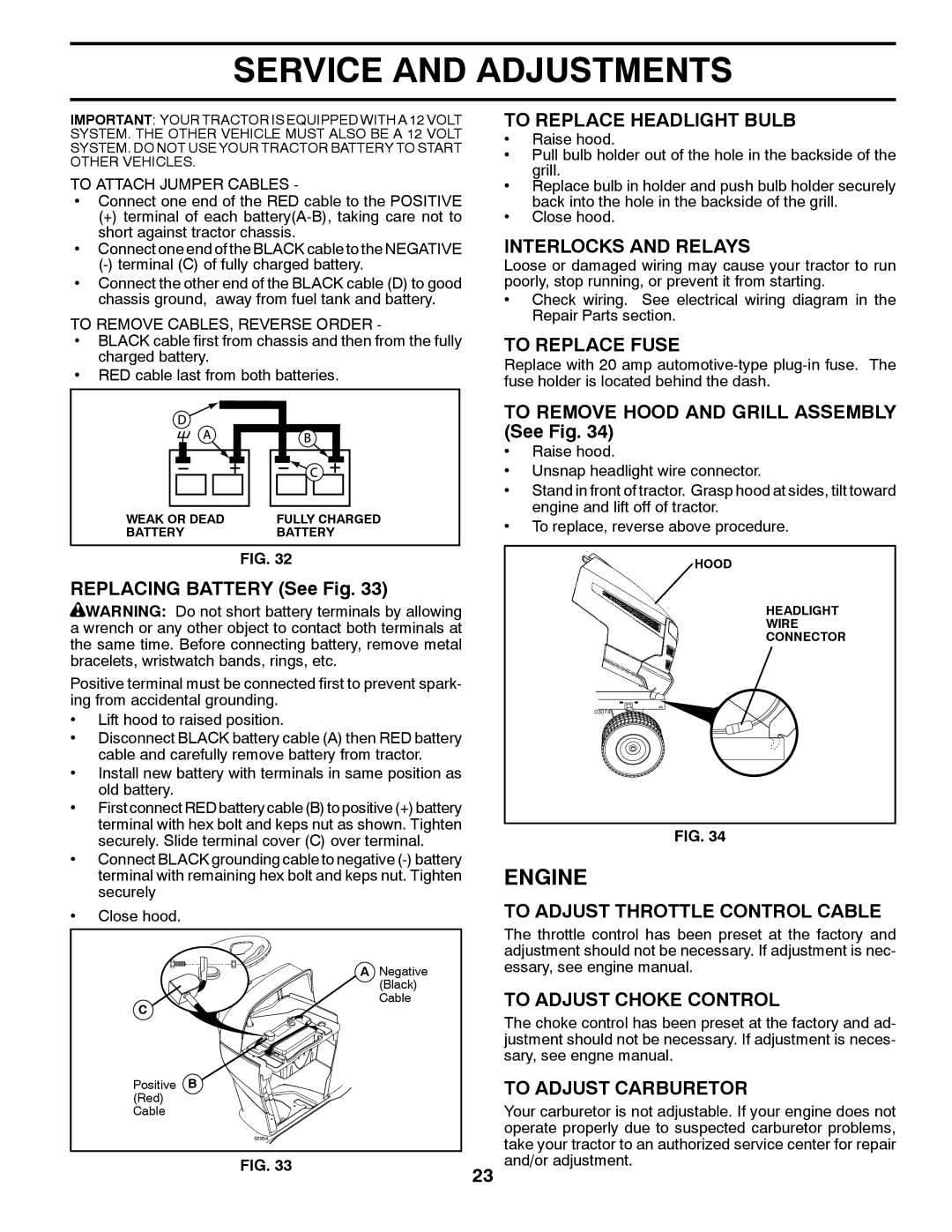 Husqvarna GTH2648 To Replace Headlight Bulb, Interlocks and Relays, To Replace Fuse, To Adjust Throttle Control Cable 