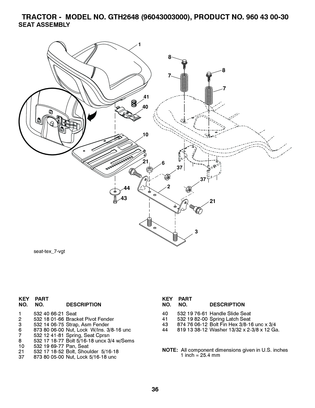 Husqvarna GTH2648 owner manual Seat Assembly 