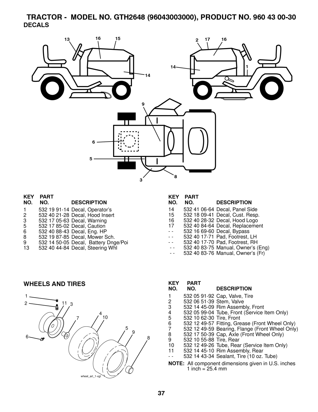 Husqvarna GTH2648 owner manual Decals, Wheels and Tires 