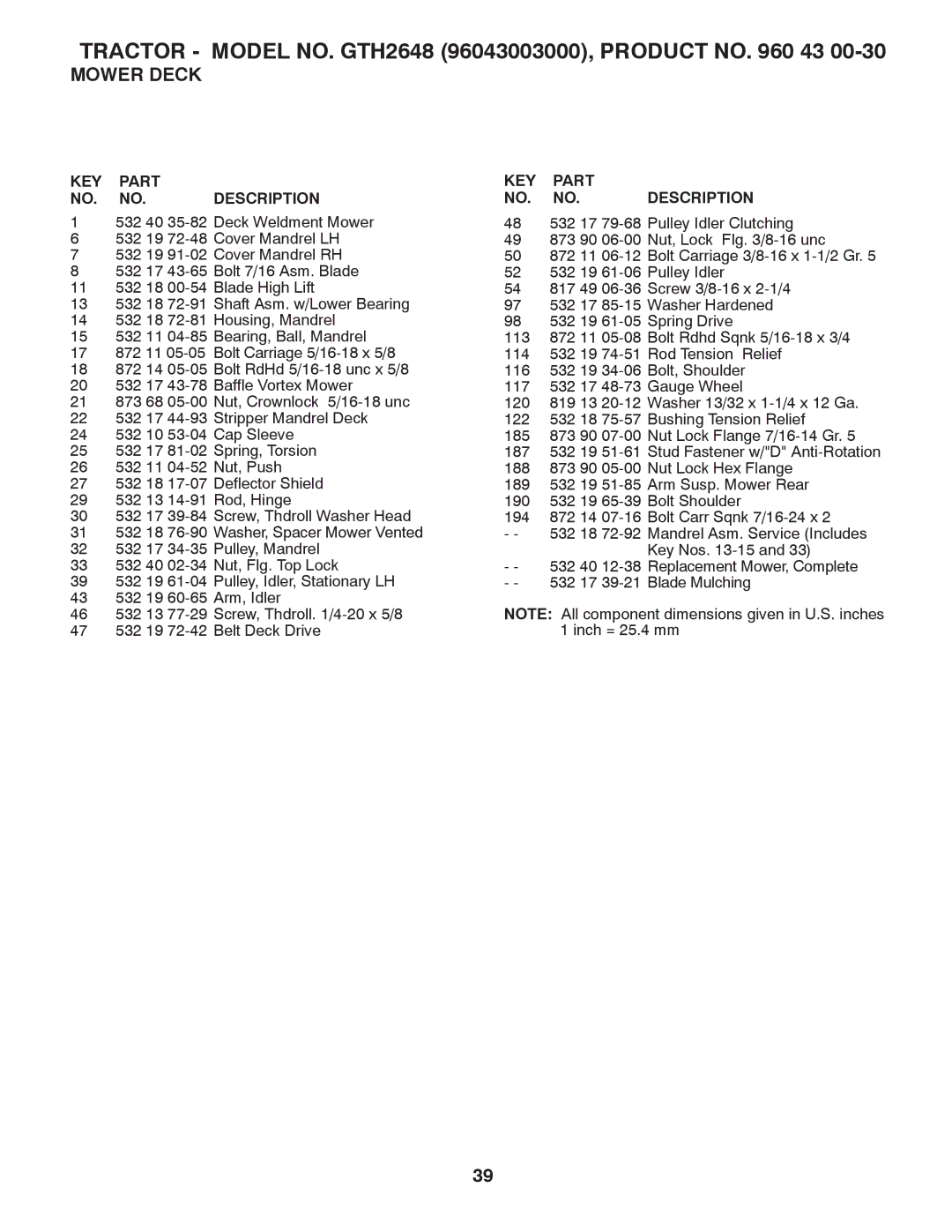 Husqvarna owner manual Tractor Model NO. GTH2648 96043003000, Product no 43 