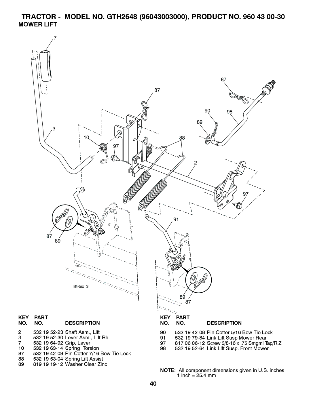 Husqvarna GTH2648 owner manual Mower Lift, KEY Part Description 