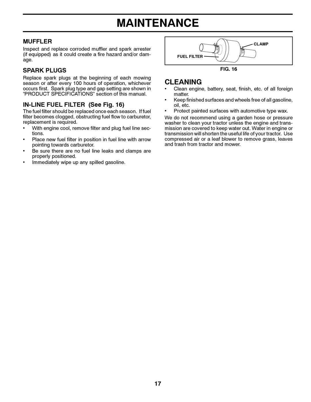Husqvarna GTH2648 owner manual Cleaning, Muffler, Spark Plugs, IN-LINEFUEL FILTER See Fig, Maintenance 