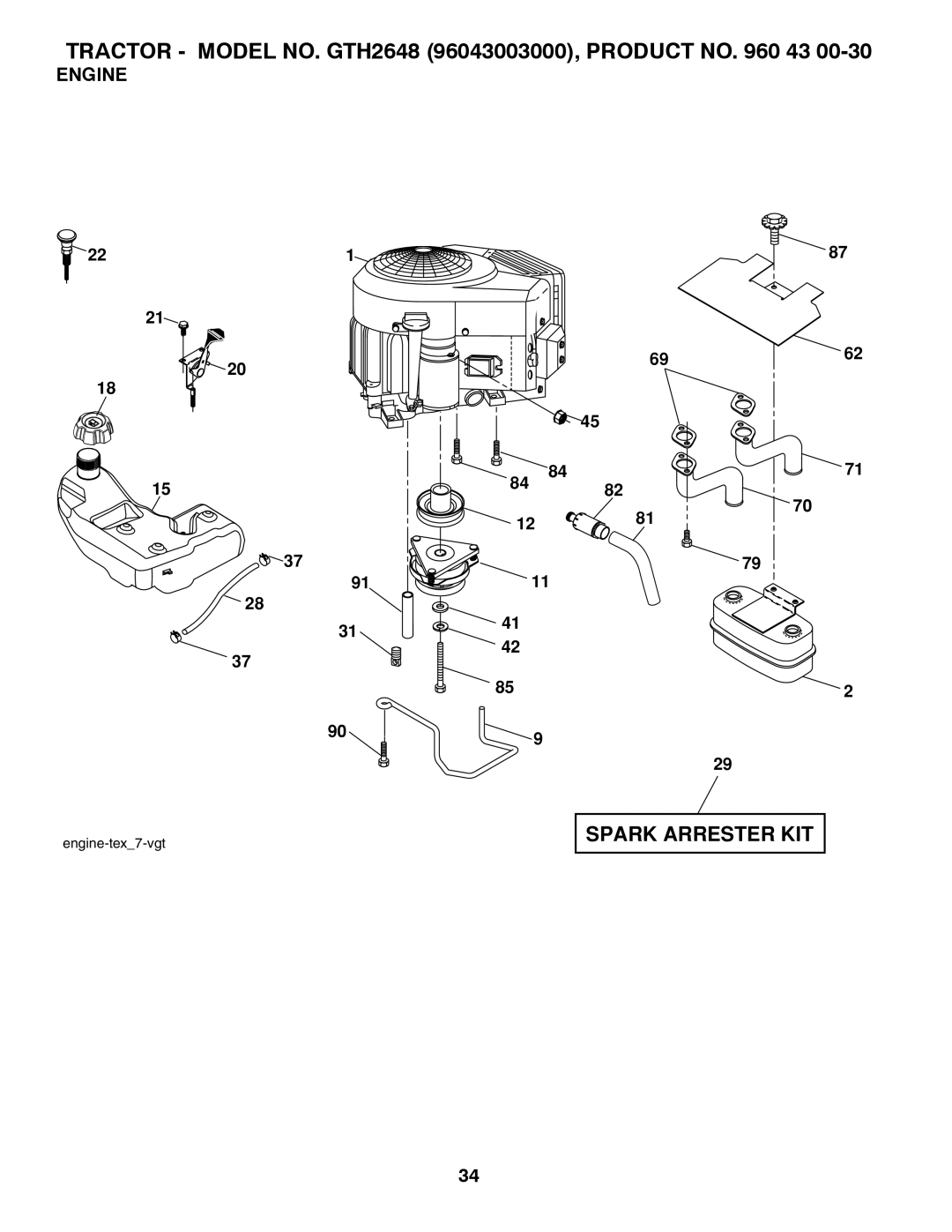 Husqvarna GTH2648 owner manual Engine, Spark Arrester Kit 