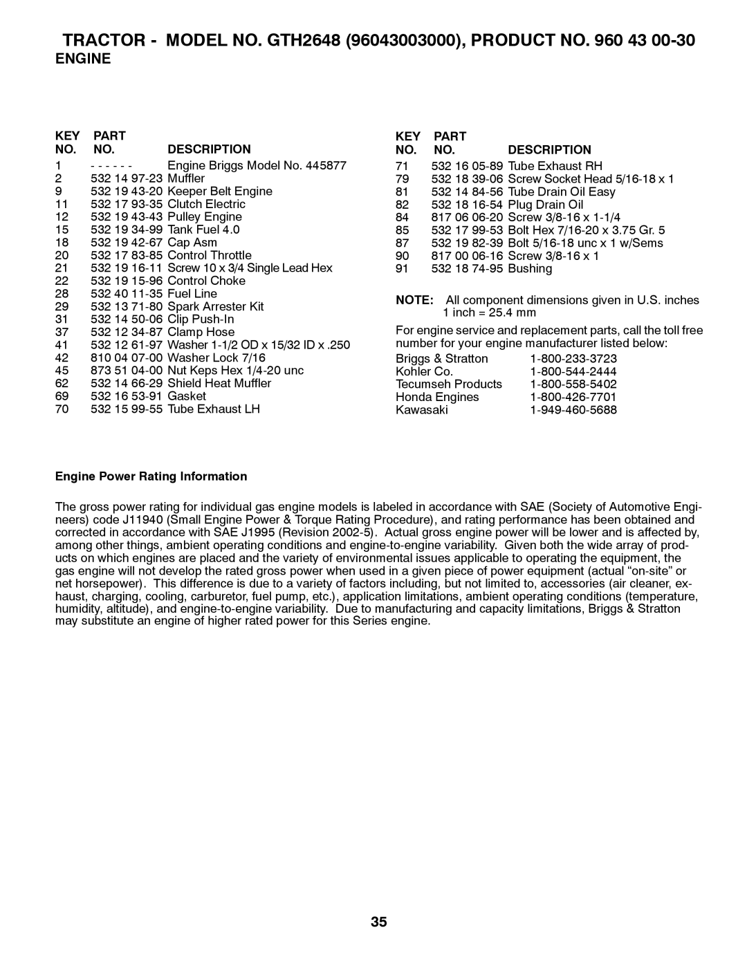 Husqvarna GTH2648 owner manual Key Part No. No. Description, Engine Power Rating Information 