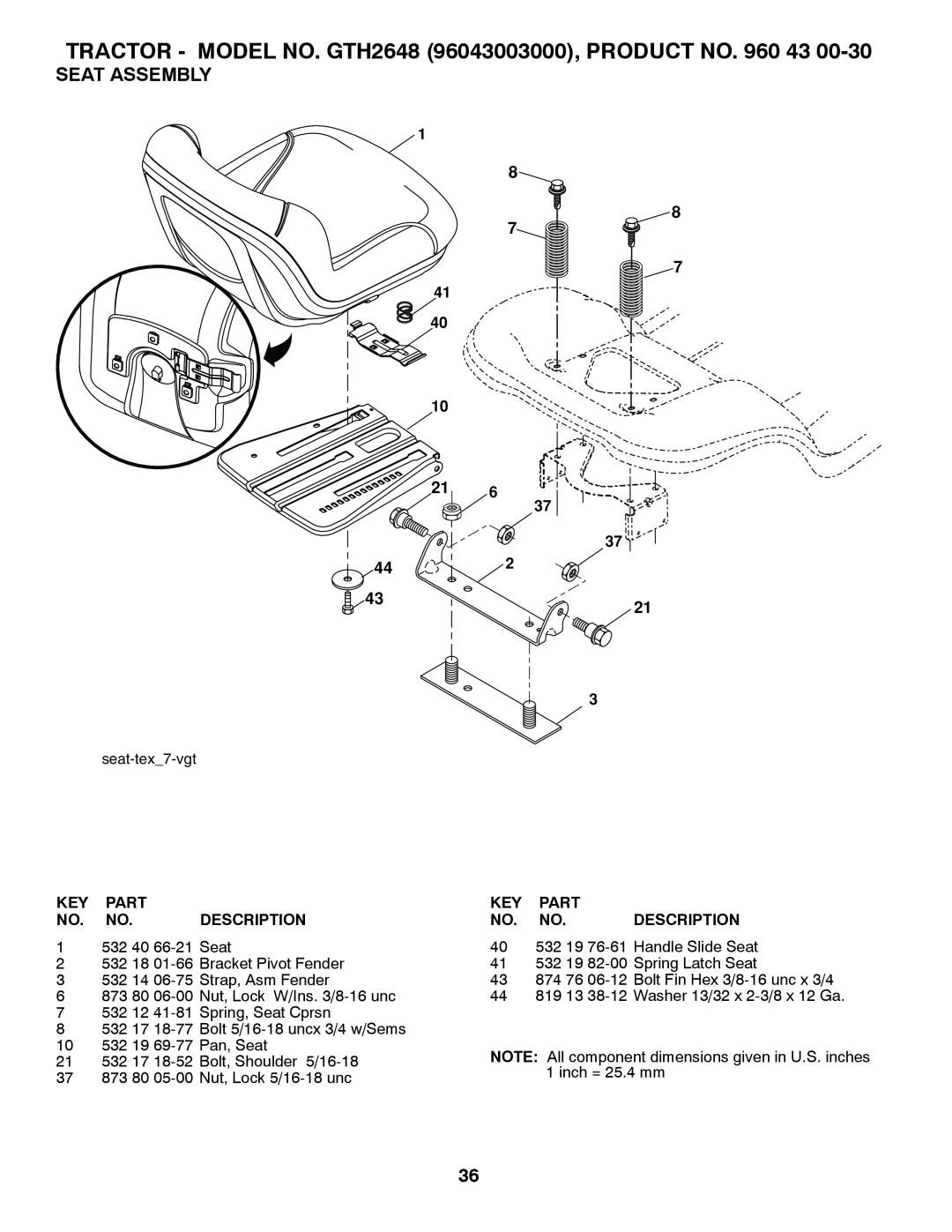Husqvarna GTH2648 owner manual Seat Assembly, 8 8 7 7, 41 40 10 216, Key Part No. No. Description 