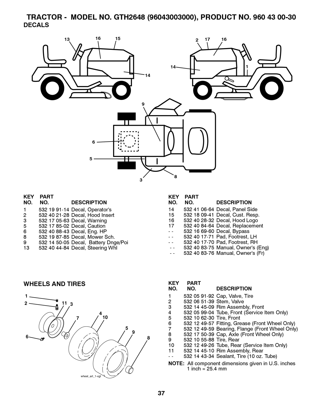 Husqvarna GTH2648 owner manual Decals, Wheels And Tires, Key Part No. No. Description 