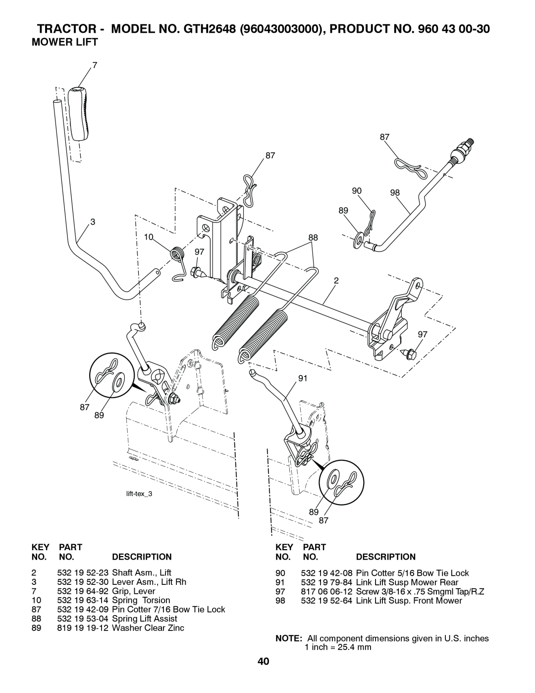 Husqvarna GTH2648 owner manual Mower Lift, Part, Description 