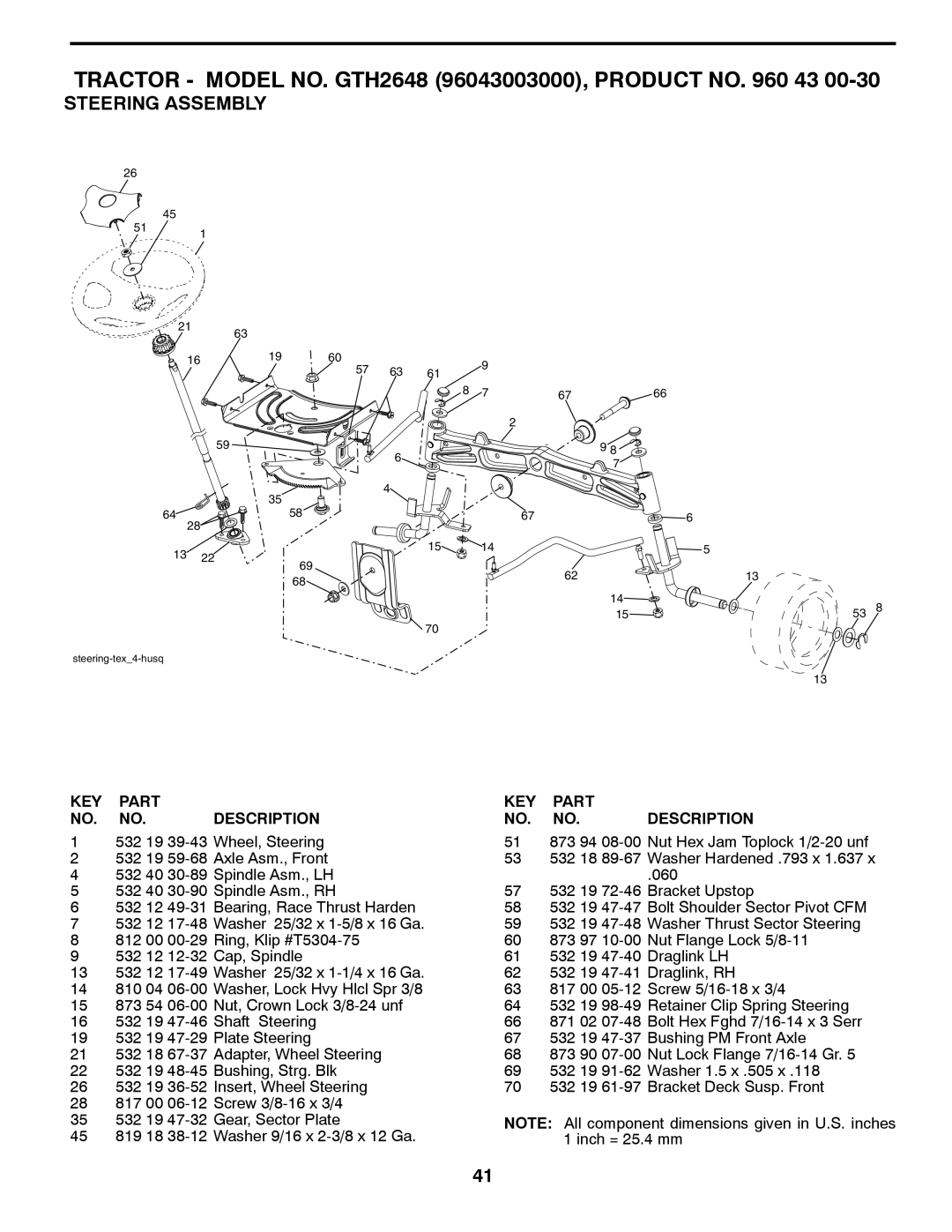 Husqvarna GTH2648 owner manual Steering Assembly, Part, Description 
