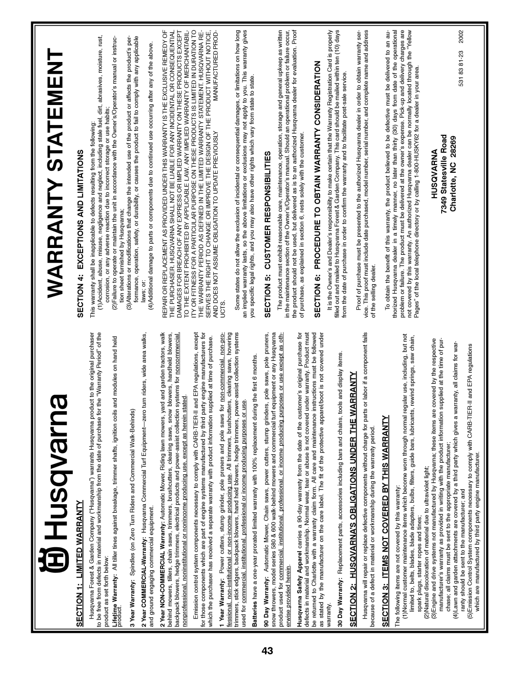 Husqvarna GTH2648 Warranty Statement, Limited Warranty, Items Not Covered By This Warranty, Exceptions And Limitations 