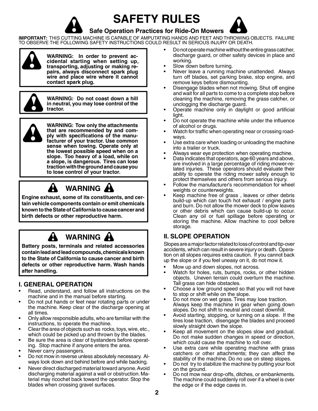 Husqvarna GTH2654 Safety Rules, Safe Operation Practices for Ride-On Mowers, General Operation, II. Slope Operation 