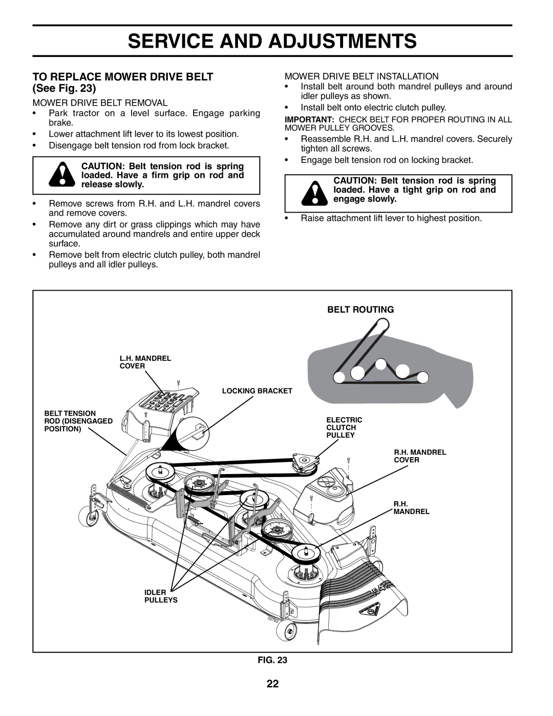 Husqvarna GTH2654 owner manual To Replace Mower Drive Belt See Fig, Mower Drive Belt Removal, Mower Drive Belt Installation 