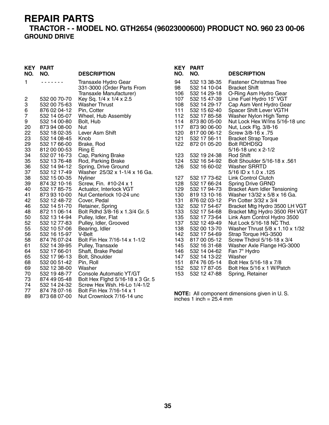 Husqvarna GTH2654 owner manual Repair Parts 