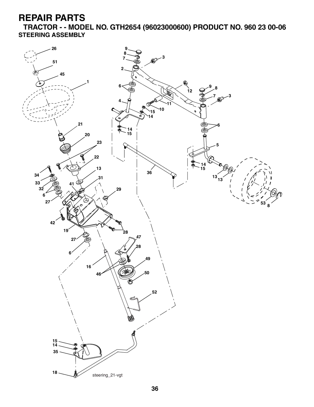 Husqvarna GTH2654 owner manual Steering Assembly 