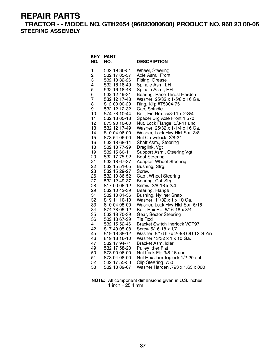 Husqvarna GTH2654 owner manual Repair Parts 