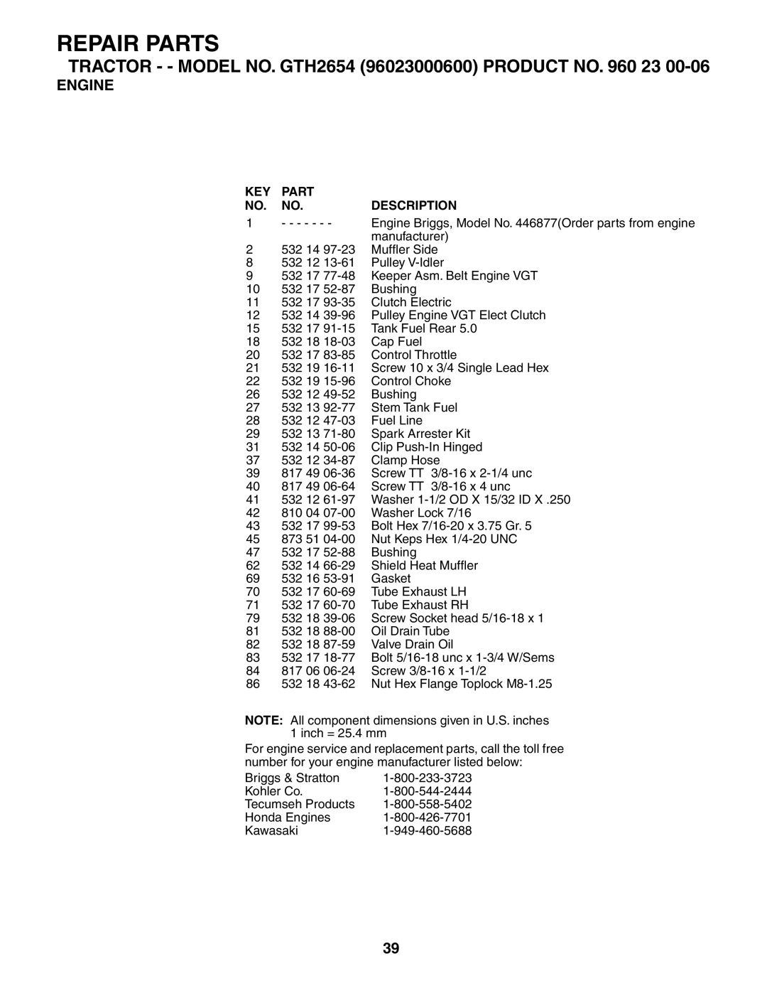 Husqvarna GTH2654 owner manual Engine Briggs, Model No Order parts from engine 