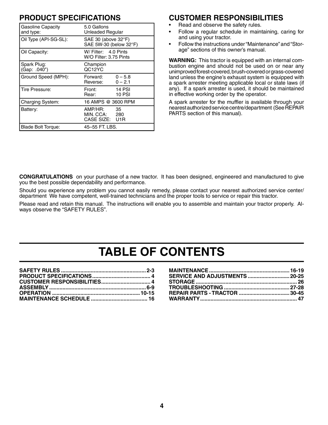 Husqvarna GTH2654 owner manual Table of Contents 