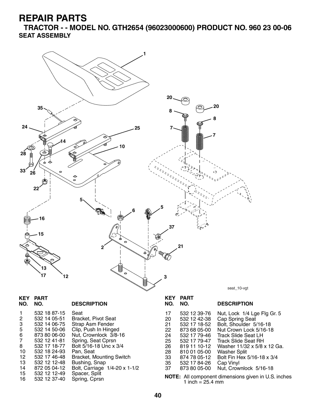 Husqvarna GTH2654 owner manual Seat Assembly, 532 18 Seat 