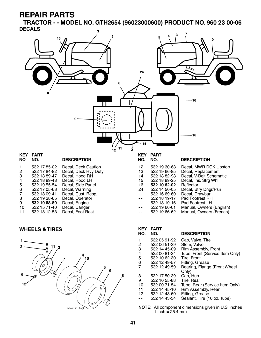 Husqvarna GTH2654 owner manual Decals, Wheels & Tires 