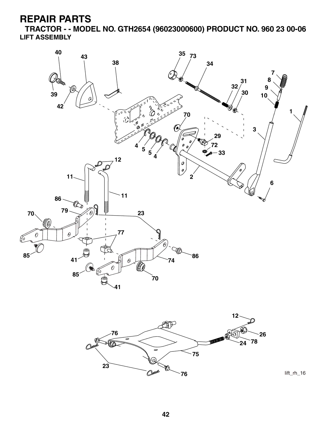 Husqvarna GTH2654 owner manual Lift Assembly 