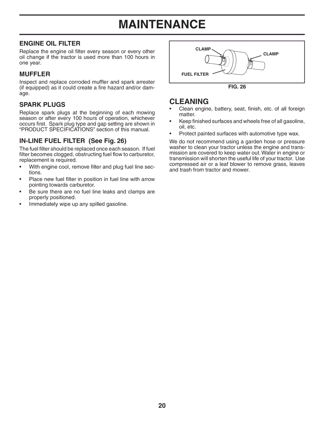 Husqvarna GTH2654T owner manual Cleaning, Engine OIL Filter, Muffler, Spark Plugs, IN-LINE Fuel Filter See Fig 