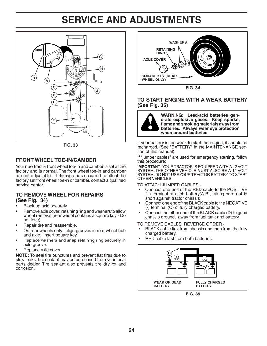 Husqvarna GTH2654T owner manual Front Wheel TOE-IN/CAMBER, To Remove Wheel for Repairs See Fig, To Attach Jumper Cables 