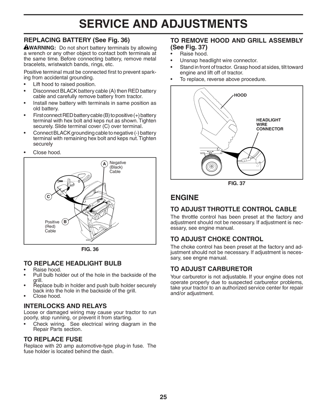 Husqvarna GTH2654T To Adjust Throttle Control Cable, To Replace Headlight Bulb, Interlocks and Relays, To Replace Fuse 