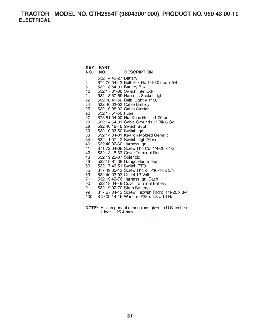 Husqvarna GTH2654T owner manual KEY Part NO. NO.DESCRIPTION 