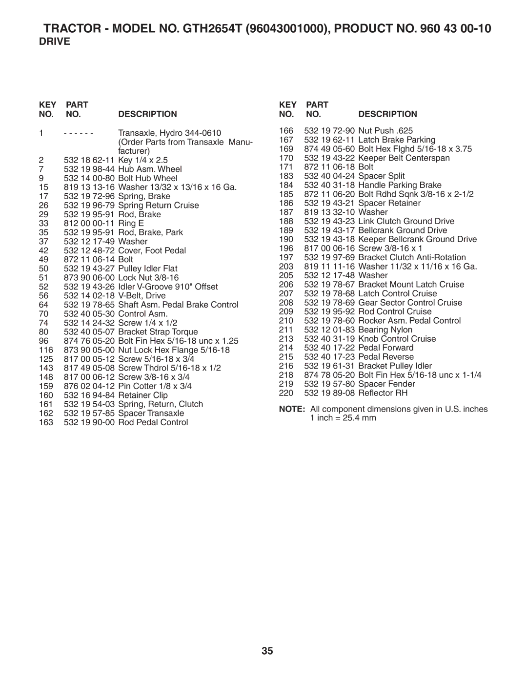 Husqvarna GTH2654T owner manual KEY Part NO. NO.DESCRIPTION 