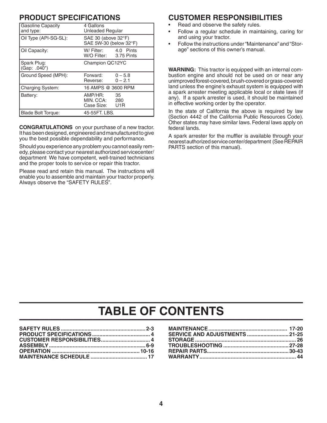 Husqvarna GTH2654T owner manual Table of Contents 