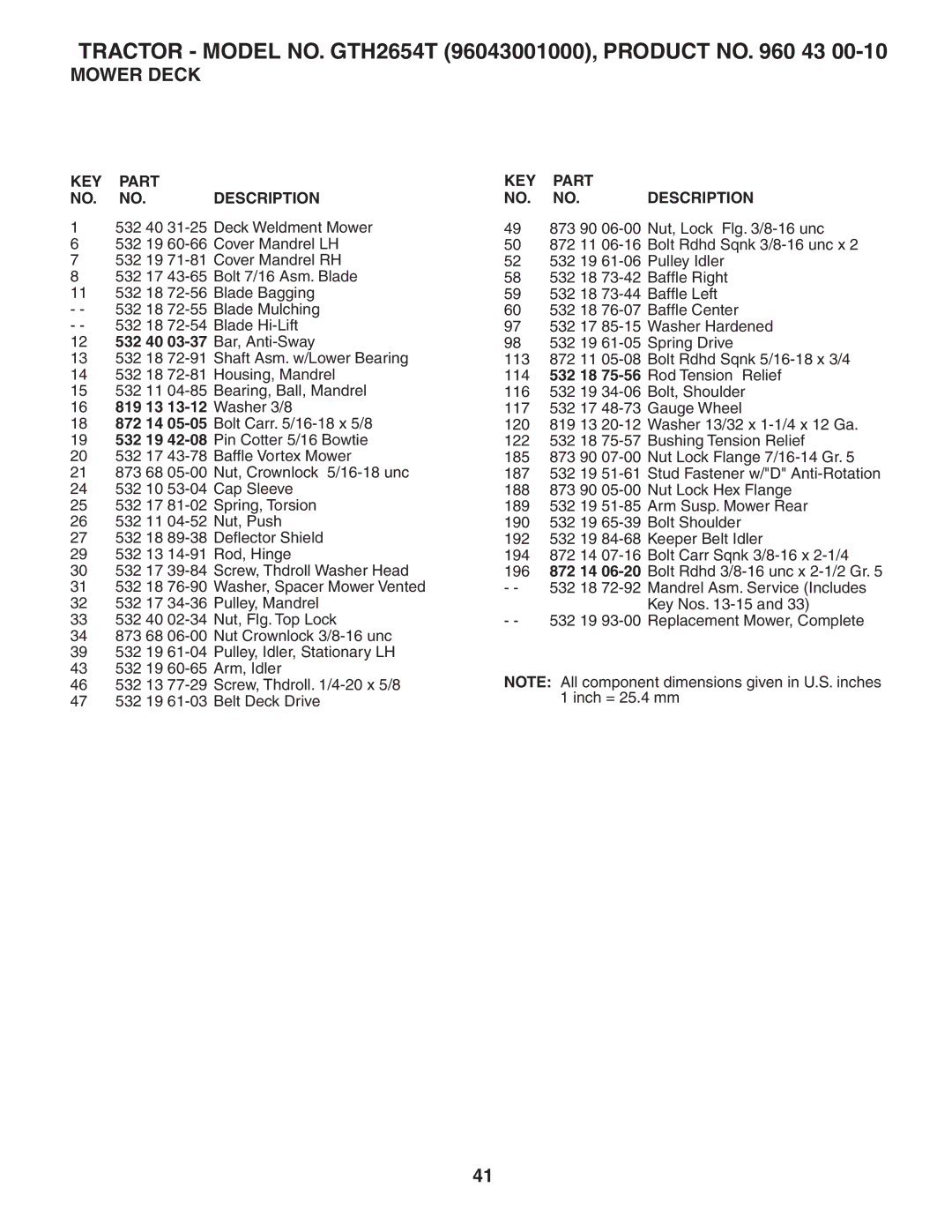 Husqvarna GTH2654T owner manual KEY Part NO. NO.DESCRIPTION 