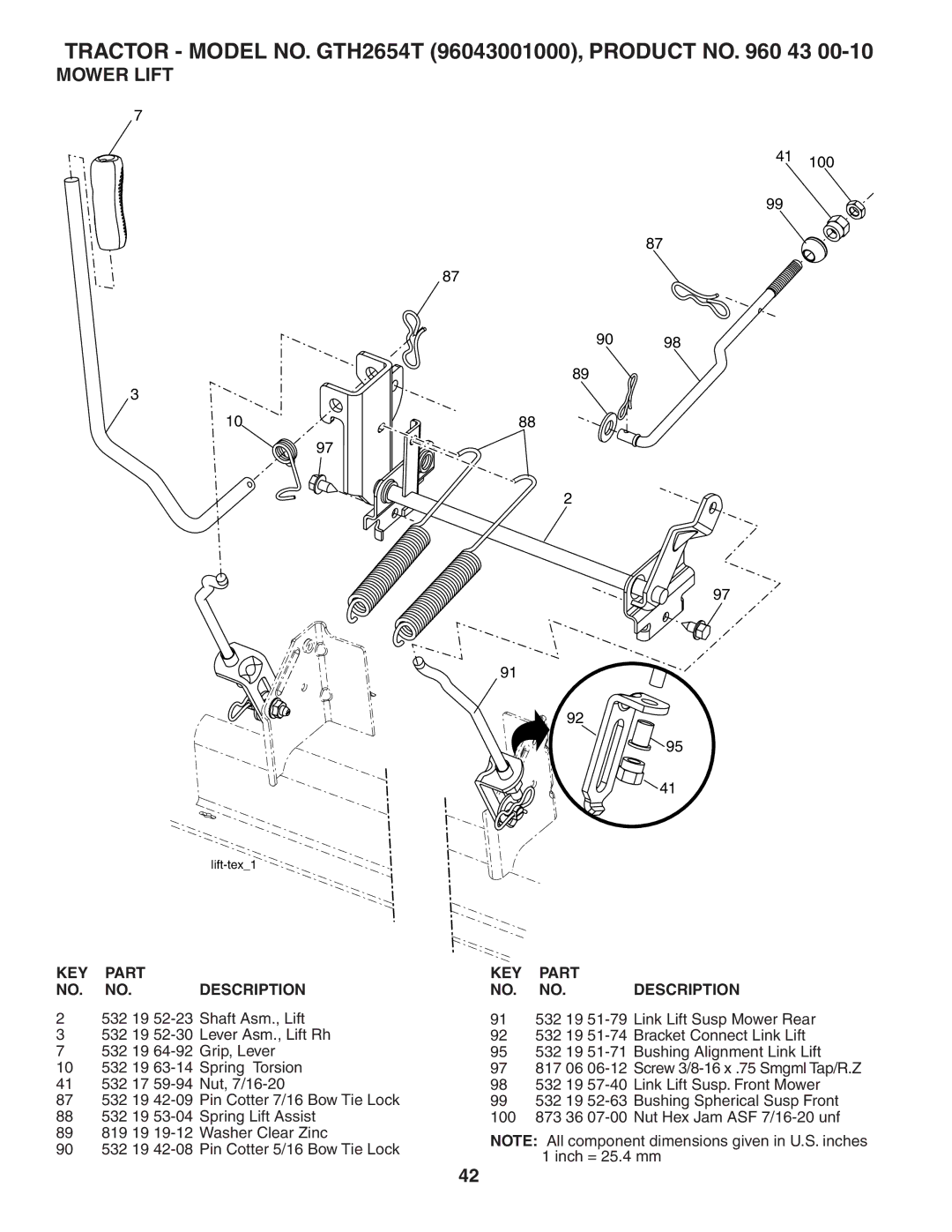 Husqvarna GTH2654T owner manual Mower Lift 