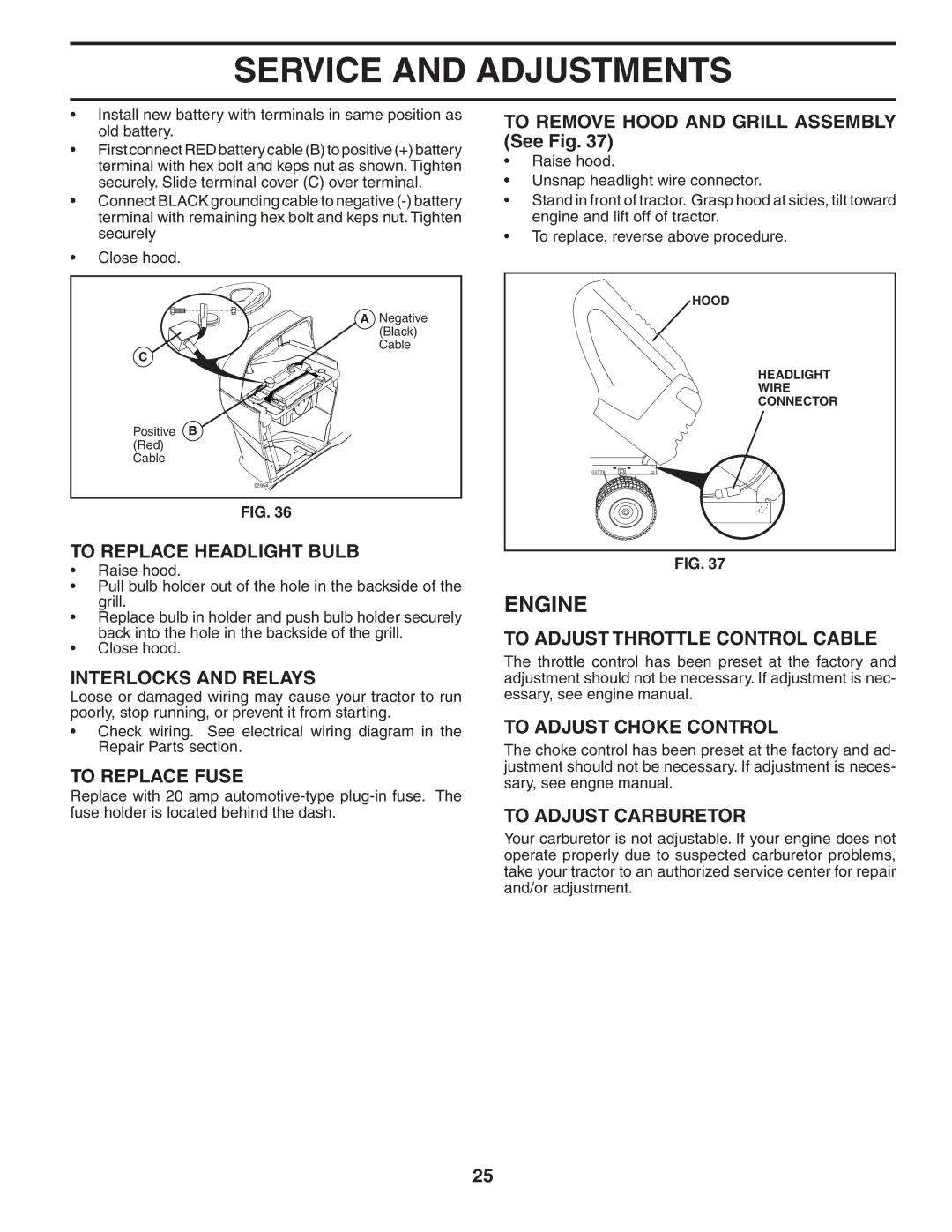 Husqvarna GTH26K54 To Replace Headlight Bulb, Interlocks and Relays, To Replace Fuse, To Adjust Throttle Control Cable 