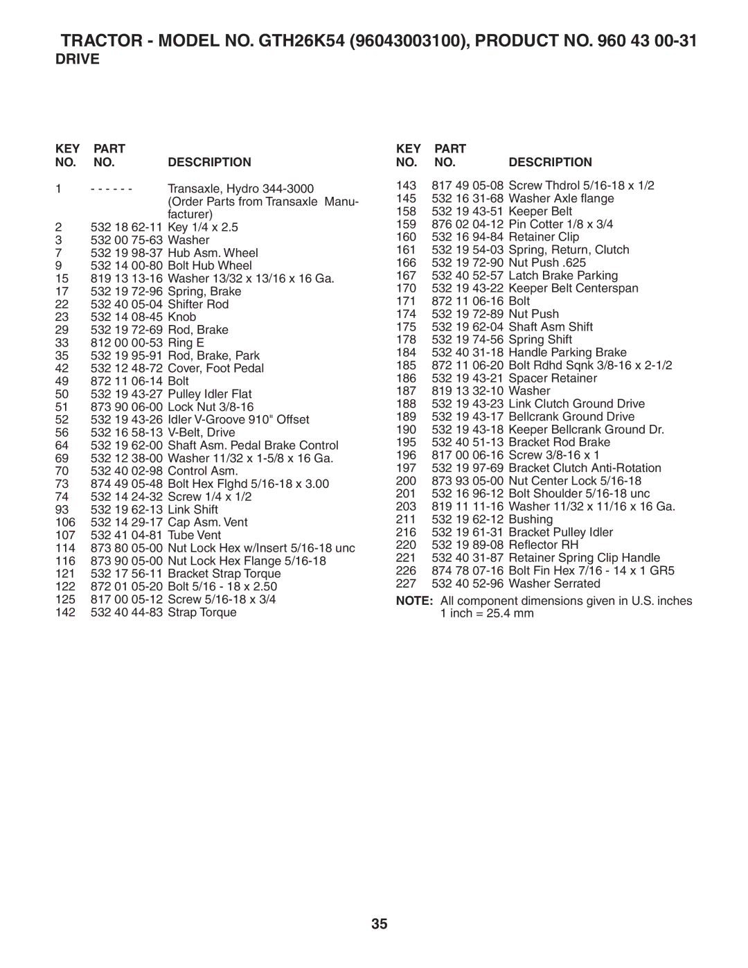 Husqvarna GTH26K54 owner manual Transaxle, Hydro 