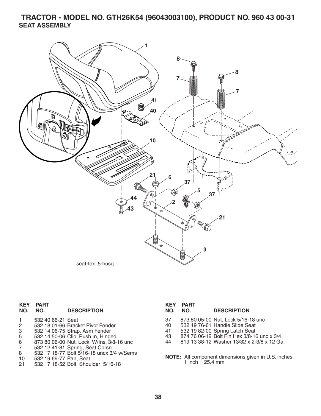 Husqvarna GTH26K54 owner manual Seat Assembly 