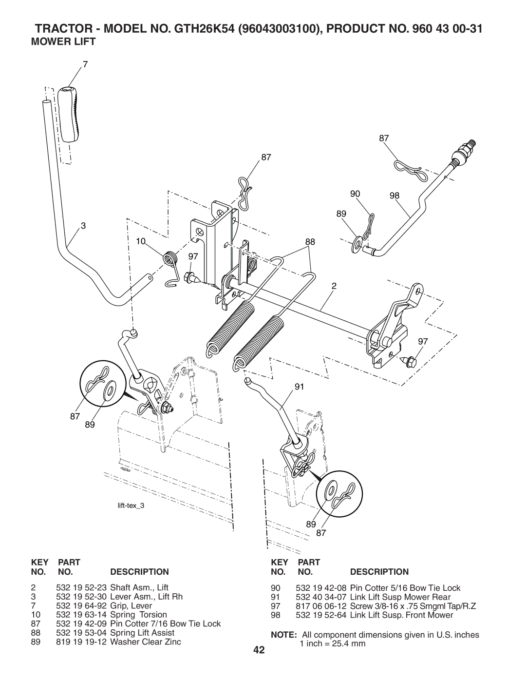 Husqvarna GTH26K54 owner manual Mower Lift 