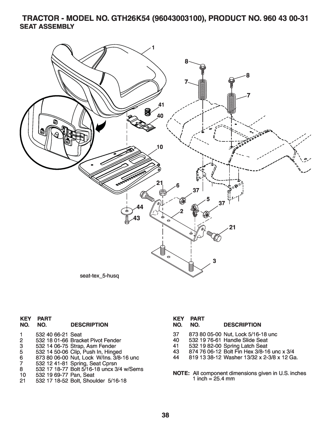 Husqvarna owner manual Seat Assembly, TRACTOR - MODEL NO. GTH26K54 96043003100, PRODUCT NO. 960 43 