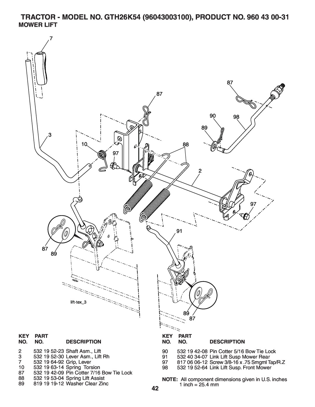 Husqvarna owner manual Mower Lift, TRACTOR - MODEL NO. GTH26K54 96043003100, PRODUCT NO. 960 43, lift-tex3 