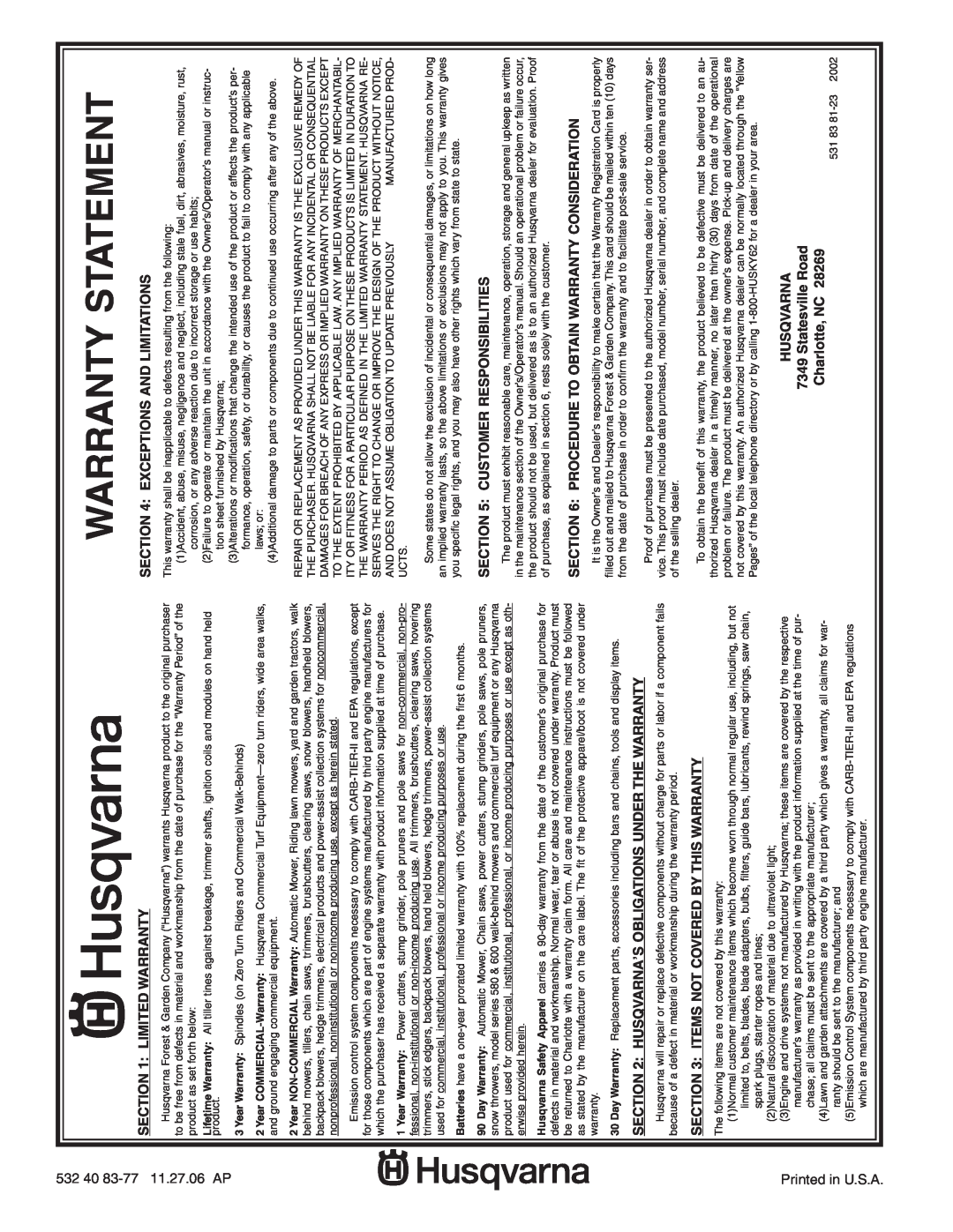 Husqvarna GTH26K54 owner manual Warranty Statement, Limited Warranty, Husqvarna’S Obligations Under The Warranty 
