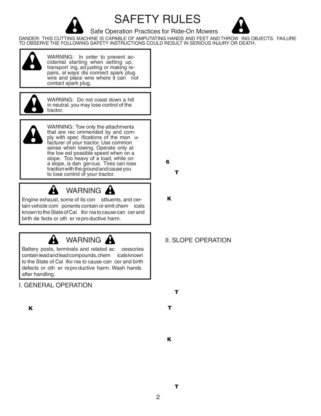 Husqvarna GTH26K54T Safety Rules, Safe Operation Practices for Ride-On Mowers, General Operation, II. Slope Operation 