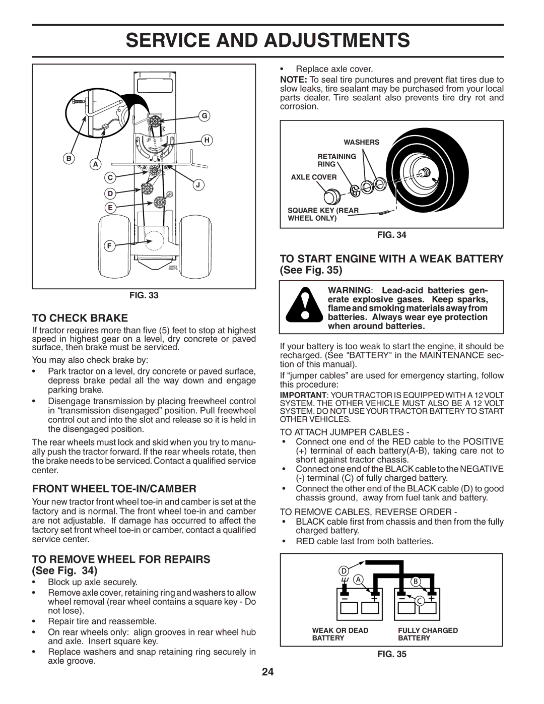 Husqvarna GTH26K54T owner manual Front Wheel TOE-IN/CAMBER, To Remove Wheel for Repairs See Fig, To Attach Jumper Cables 