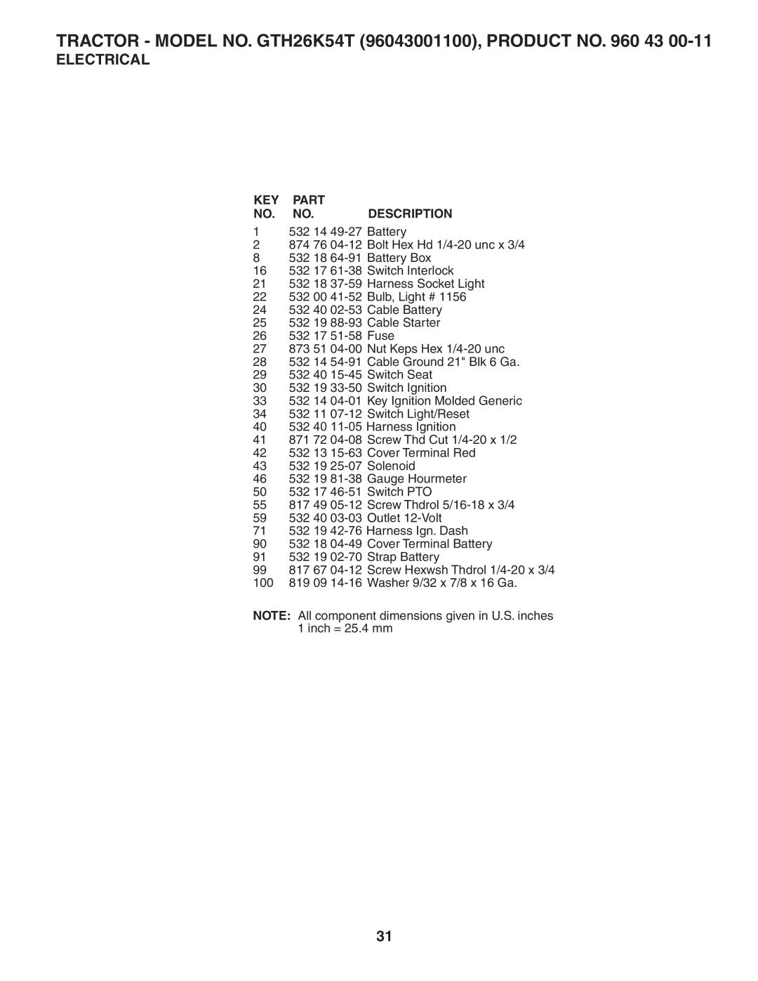 Husqvarna GTH26K54T owner manual KEY Part NO. NO.DESCRIPTION 