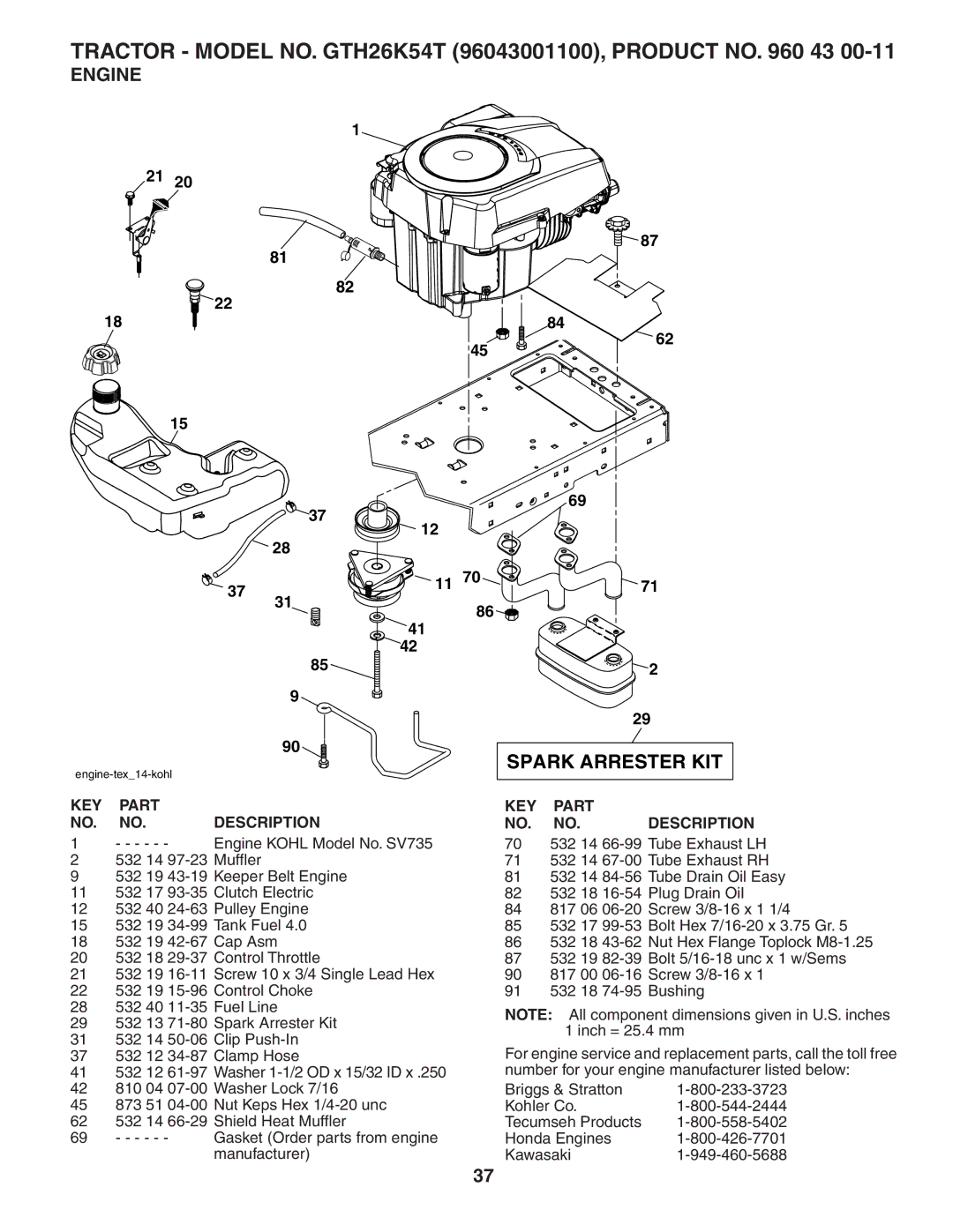 Husqvarna GTH26K54T owner manual Spark Arrester KIT, Engine 